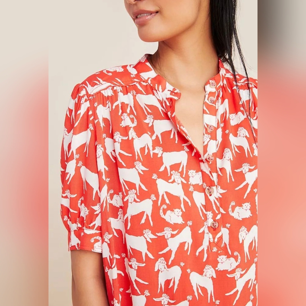 Anthropologie Emily Isabella sassy poodle blouse in red and white
